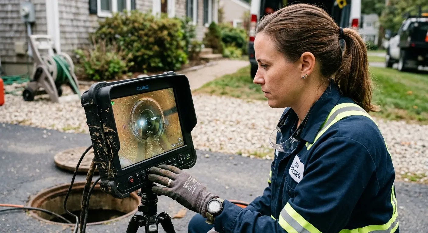 Technician reviewing sewer camera inspection footage in Spring Ridge