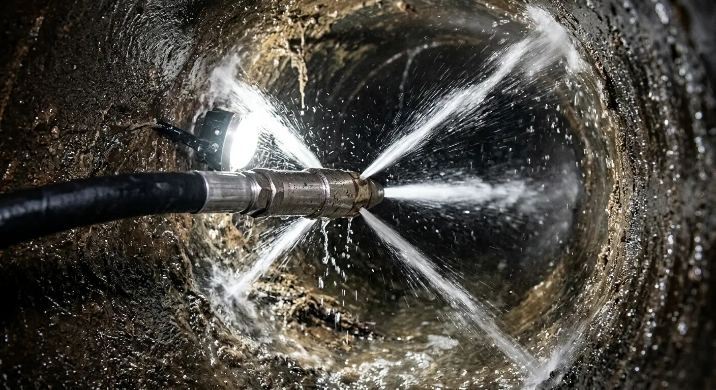 High-pressure hydro jetting nozzle cleaning sewer pipe for Emergency Drain Service in Spring Ridge