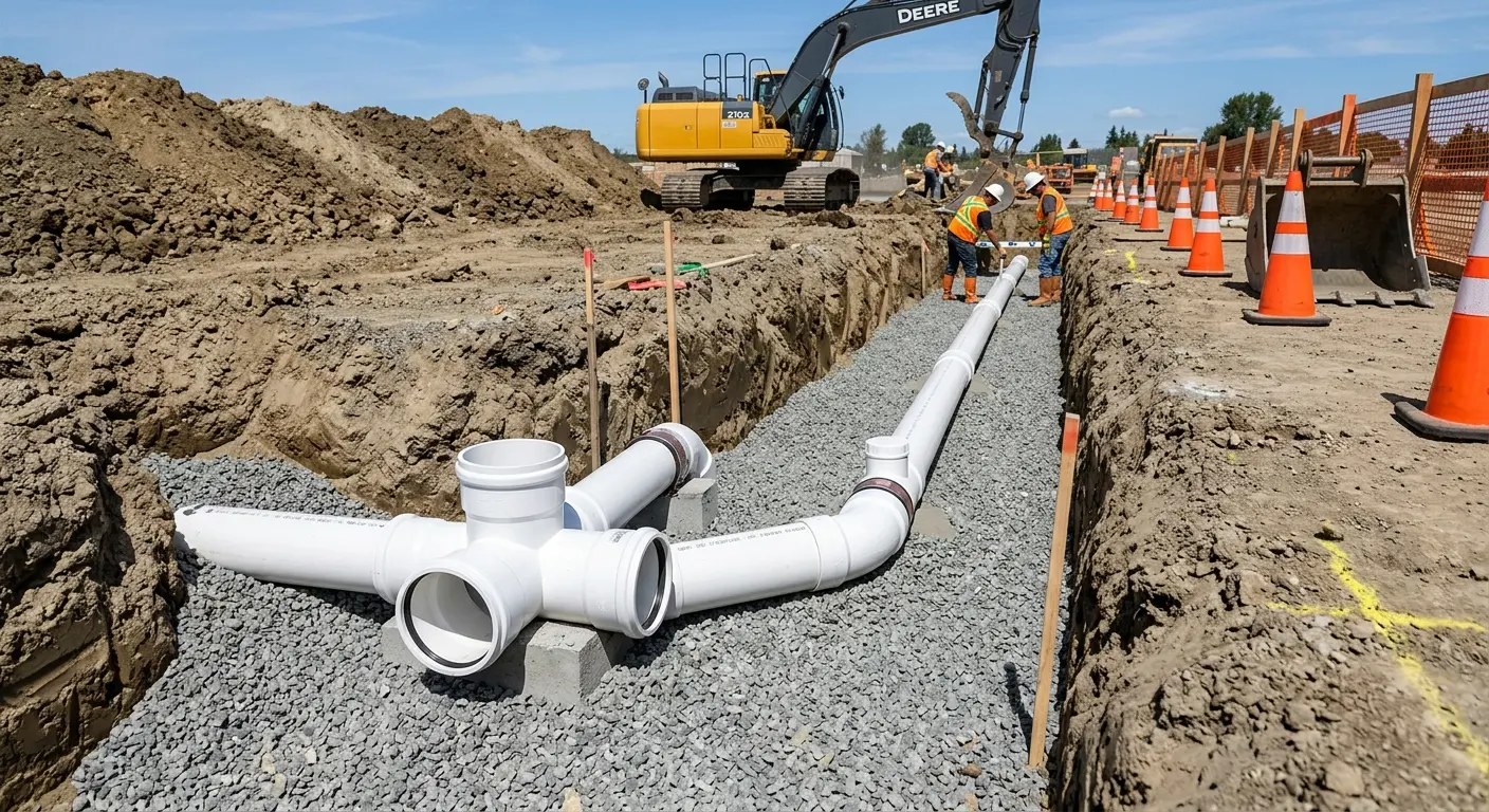 New PVC sewer pipe installation in open trench for Sewer Backup in Spring Ridge