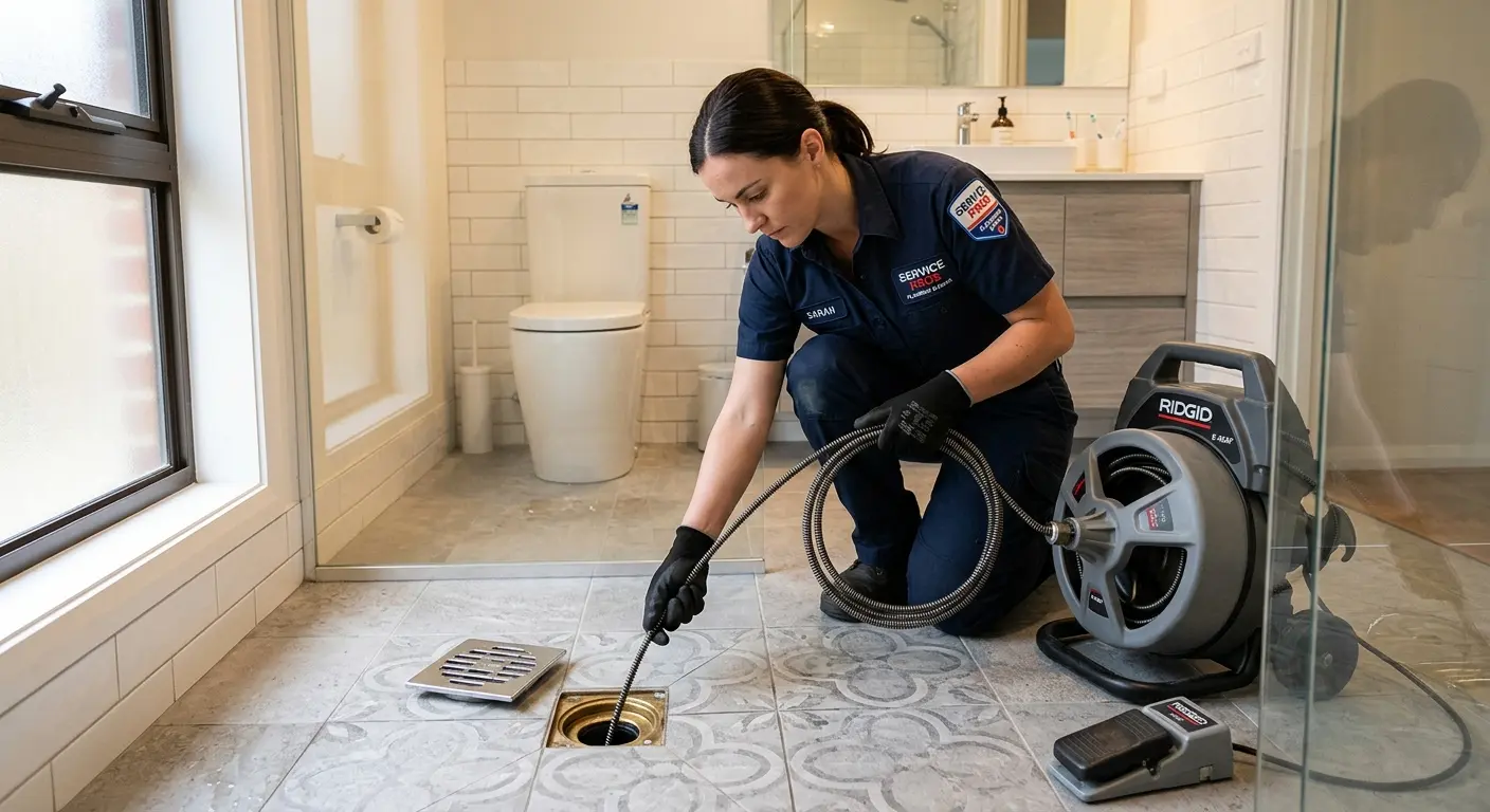 Technician clearing a bathroom floor drain for Drain Cleaning in Spring Ridge